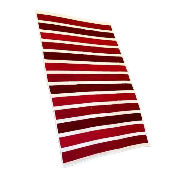 Vintage Thick Cotton Red and White Striped Rug 4x6 - Picture 2 of 5